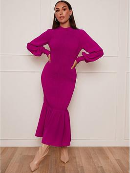 Chi Chi London Long Sleeve Shirred Maxi Dress In Pink