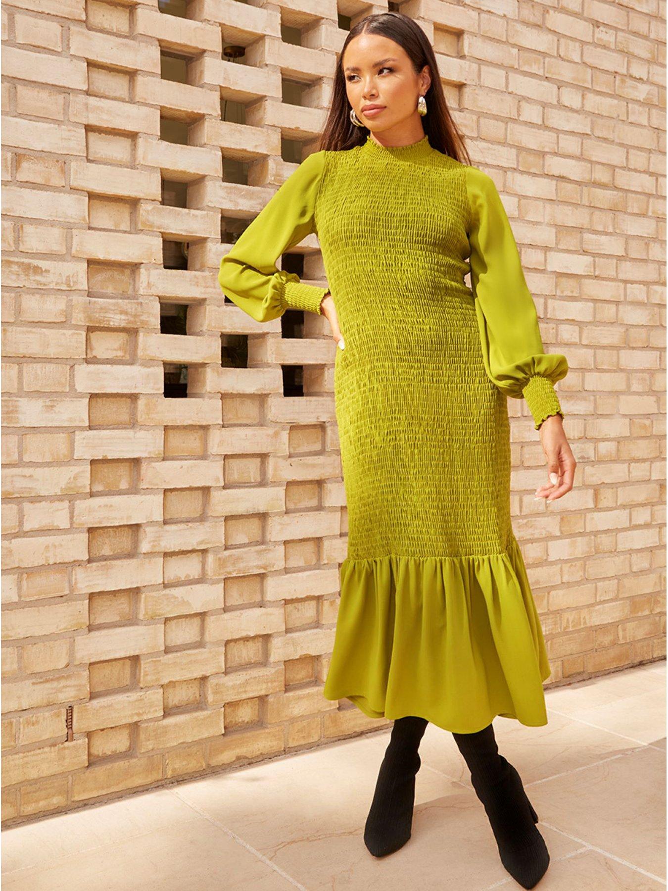 Chi Chi London Long Sleeve Shirred Maxi Dress In Green Very