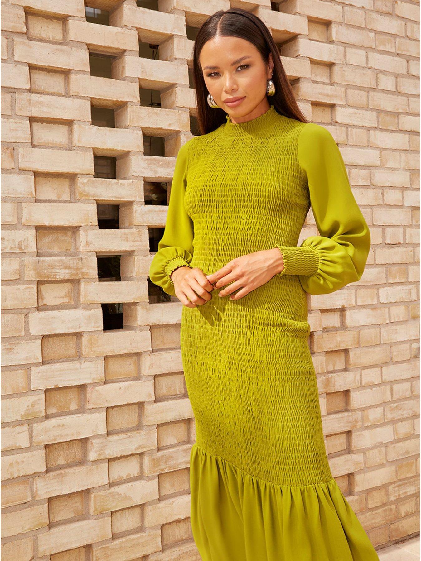 Long Sleeve Shirred Maxi Dress In Green