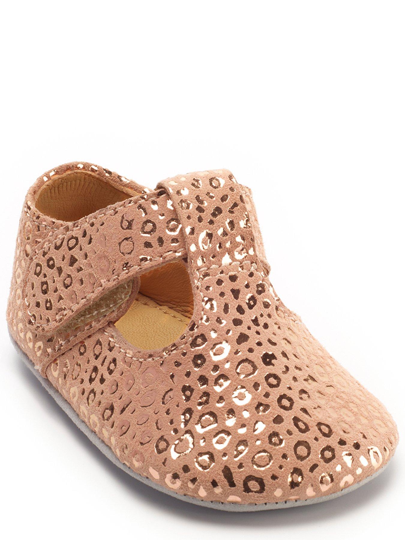 Rhyme Rose Gold Metallic Suede Leather Leopard Print Riptape T Bar First Baby Shoes Rose Gold