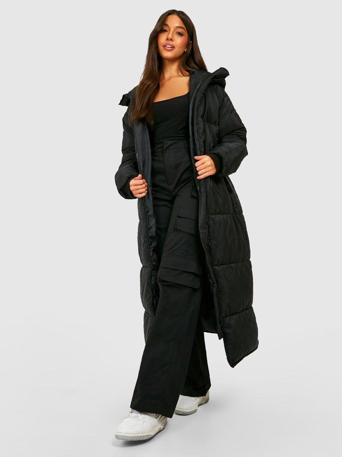 Boohoo longline padded coat with hood store in black