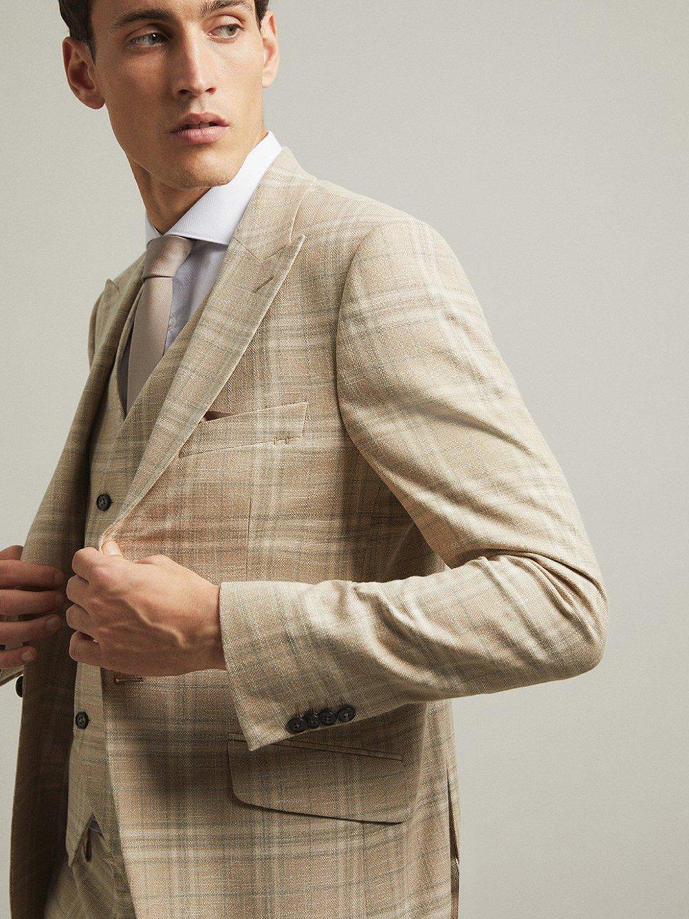 Burton Skinny Fit Textured Check Suit Jacket Stone