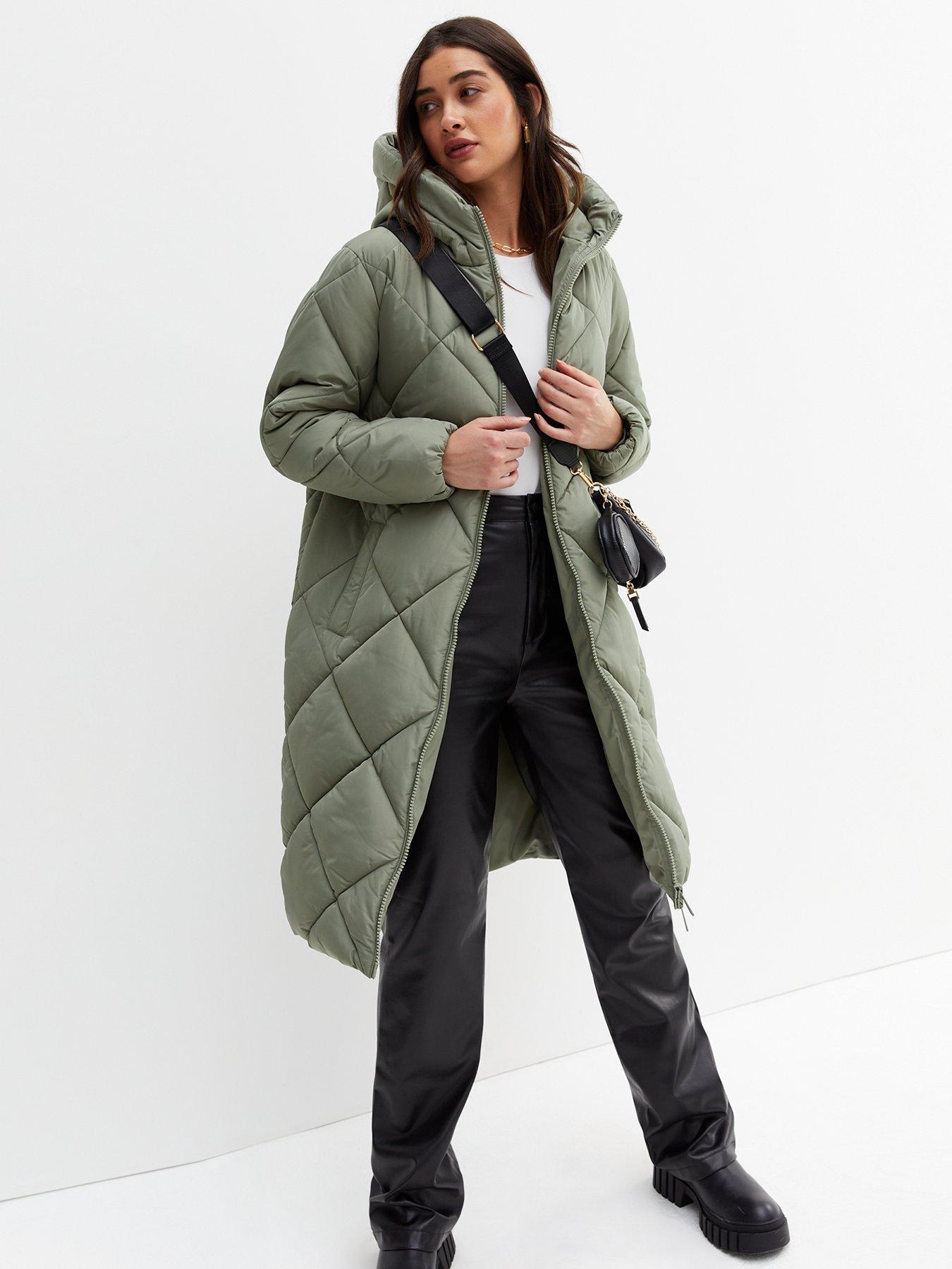 New Look longline diamond quilted padded coat in light khaki