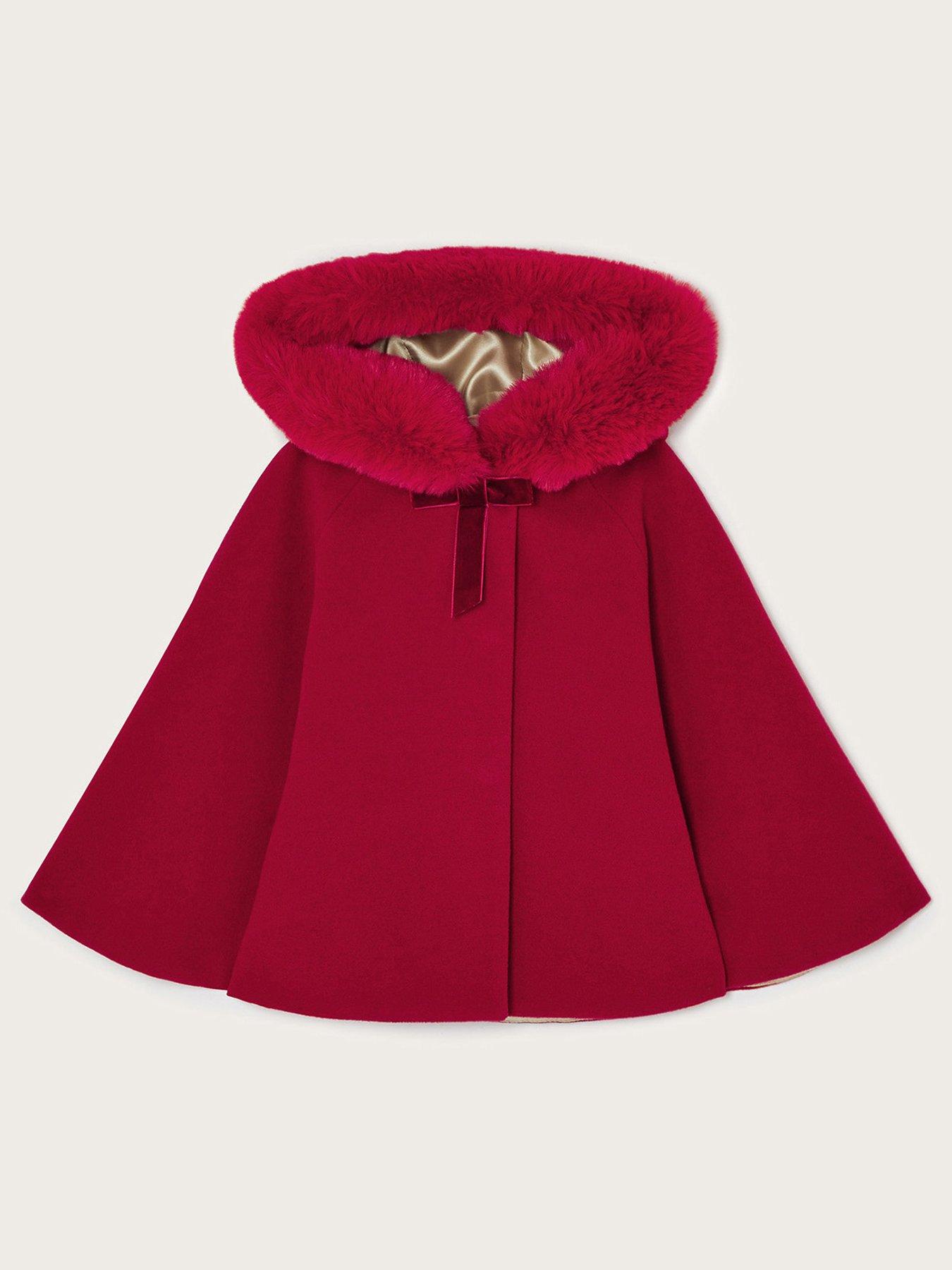 Monsoon Baby Girls Cape Coat With Faux Fur Hood Red very.co.uk