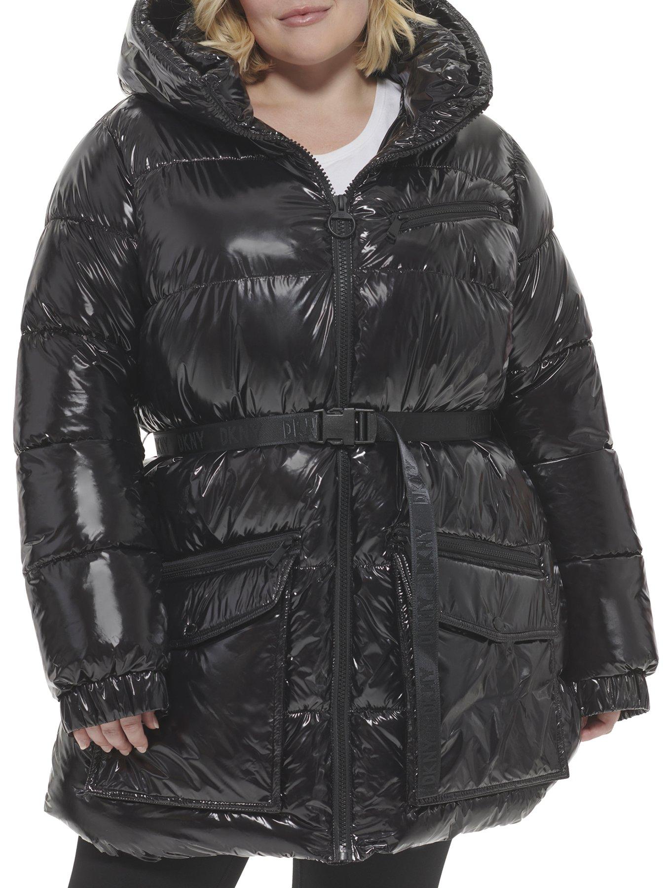 DKNY SPORT Belted High Shine Padded Jacket In Plus Size - Black