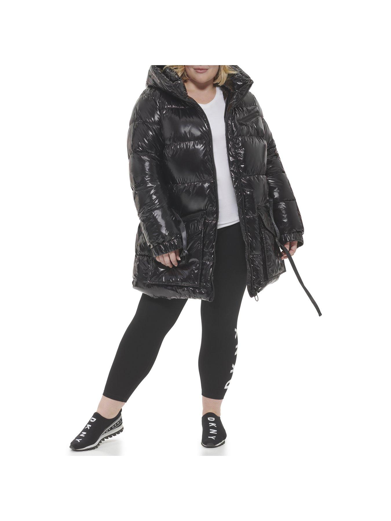 DKNY SPORT Belted High Shine Padded Jacket In Plus Size - Black