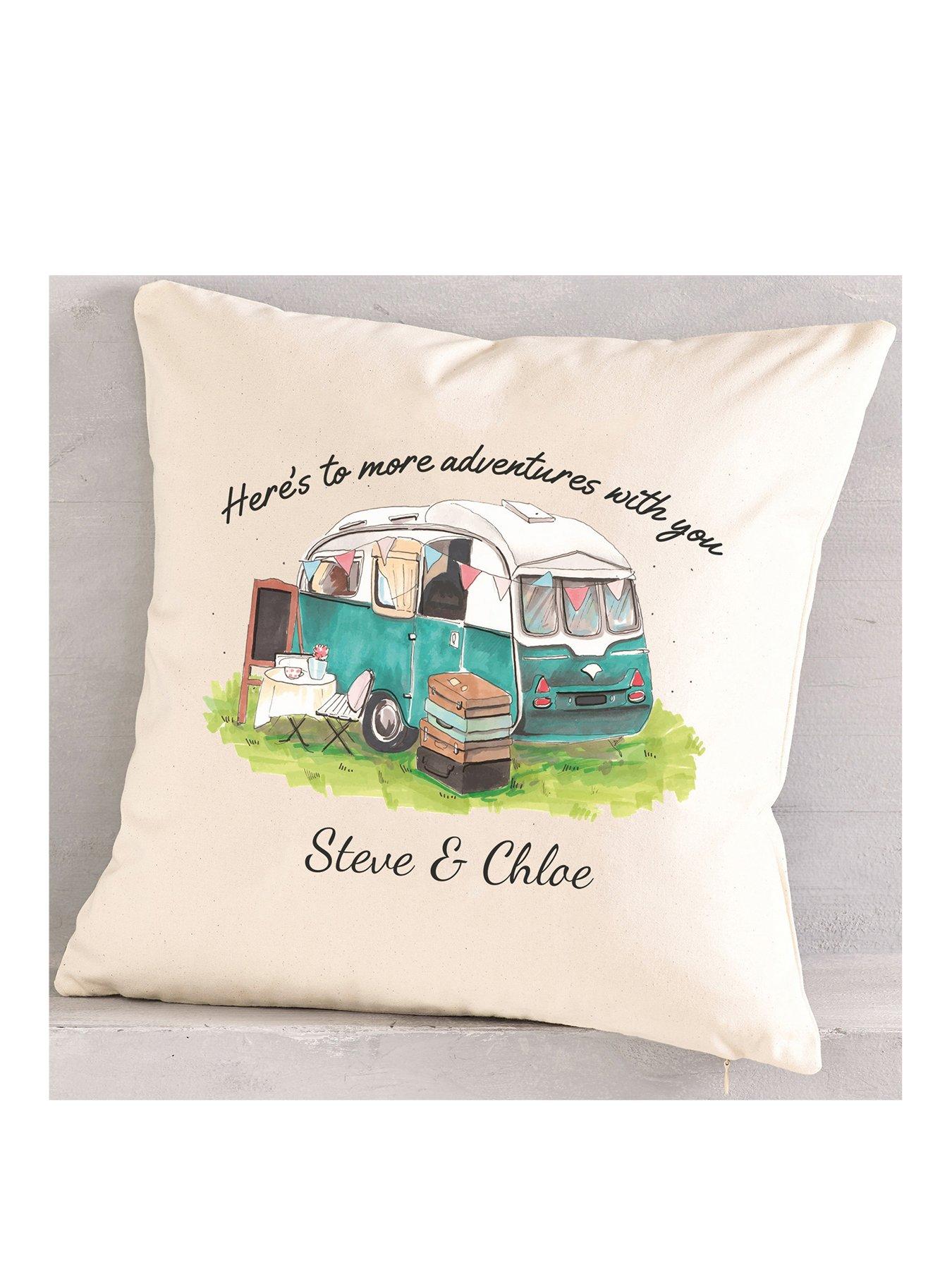 Product photograph of Love Abode Personalised Happy Campers Cushion from very.co.uk
