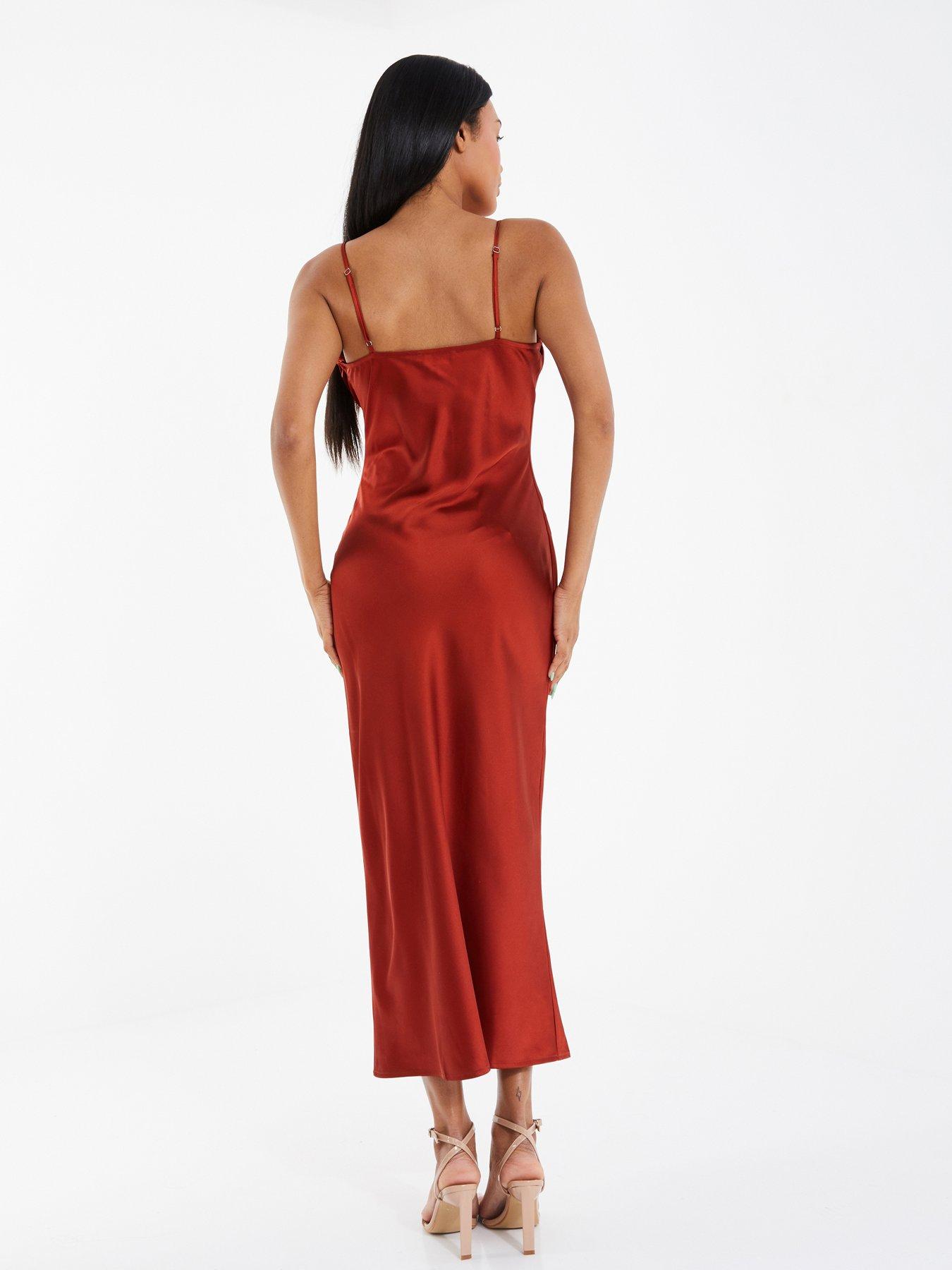 Ruched Satin Midi Dress Dark Orange