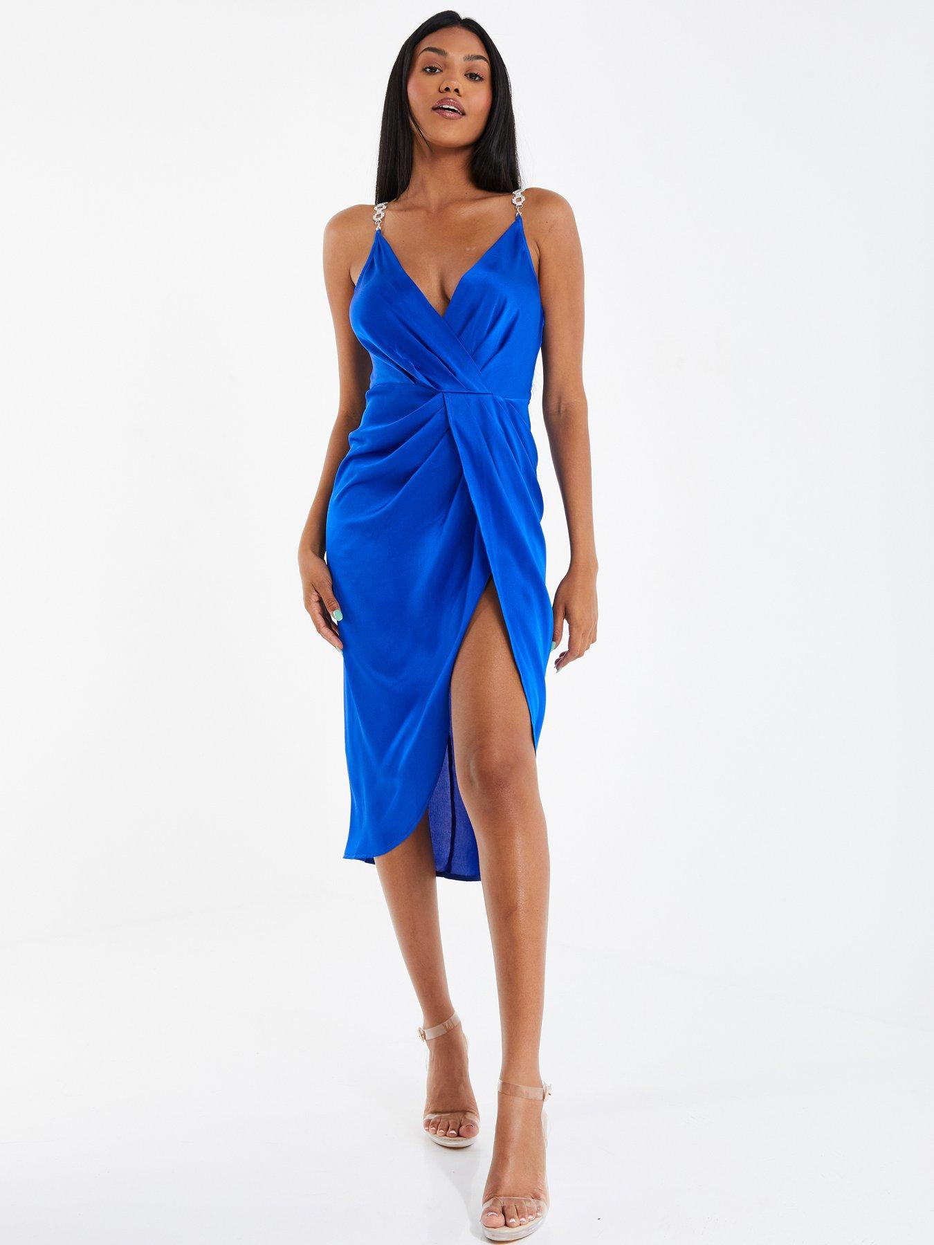 Quiz Satin Diamante Midaxi Dress - Bright Blue | Very.co.uk