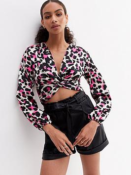 new look pink leopard print satin v neck twist front crop top
