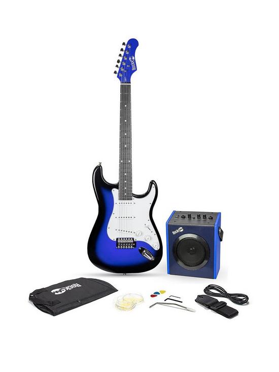front image of rockjam-full-size-electric-guitar-super-kit-rjeg06-blue-burst