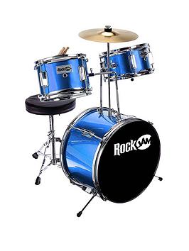 Rockjam 3 Piece Junior Drum Kit With Cymbal, Pedal, Stool And Sticks - Metallic Blue