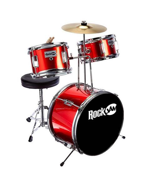 rockjam-3-piece-junior-drum-kit-with-cymbal-pedal-stool-and-sticks-metallic-red