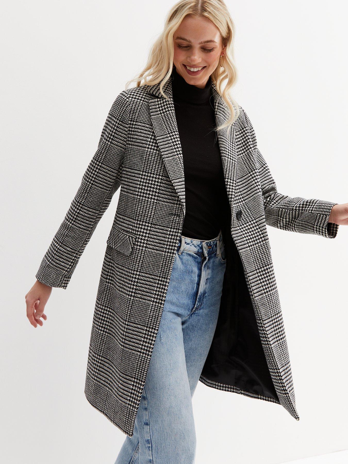 New Look Dogtooth Check Long Coat Black very.co.uk