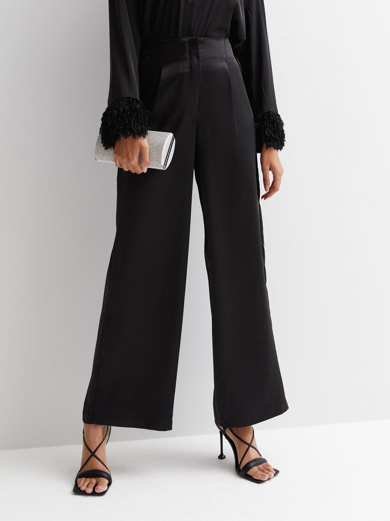 Black Tropical Print Satin Wide Leg Trousers