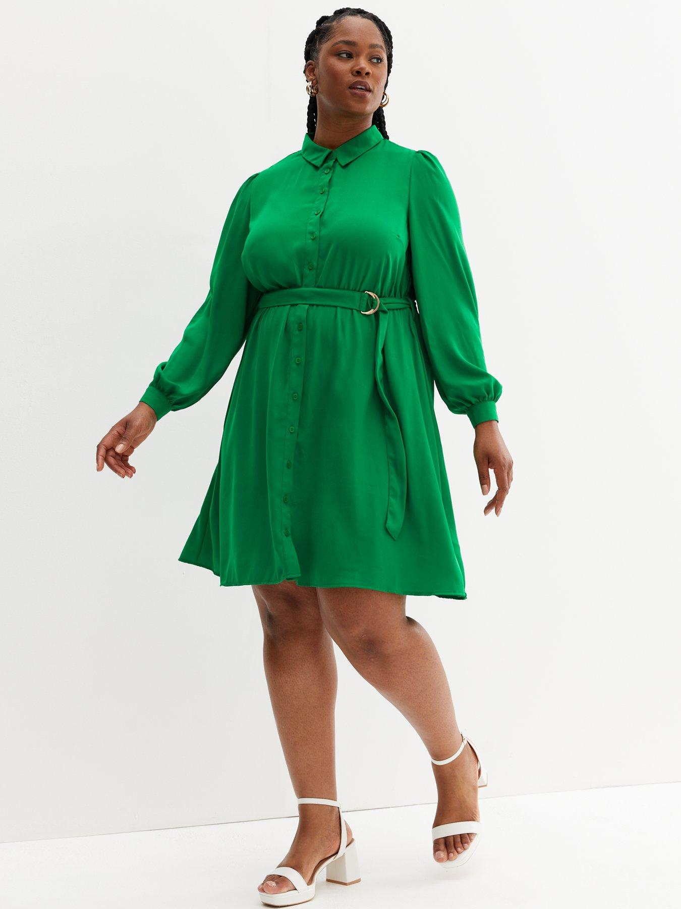 New Look Curves Green Belted Long Sleeve Mini Shirt Dress | very.co.uk