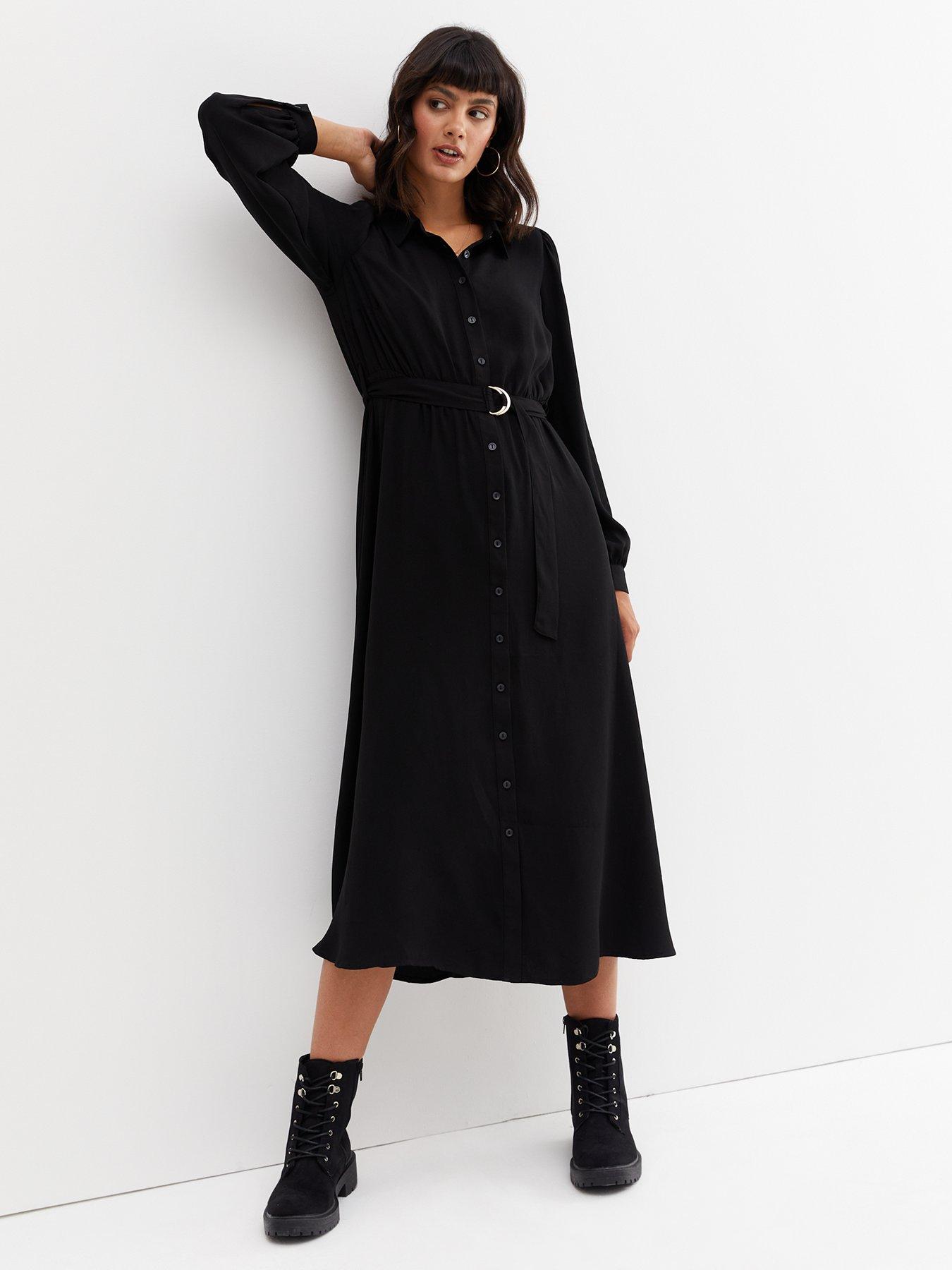 New Look Black Belted Long Sleeve Midi Shirt Dress Black very.co.uk