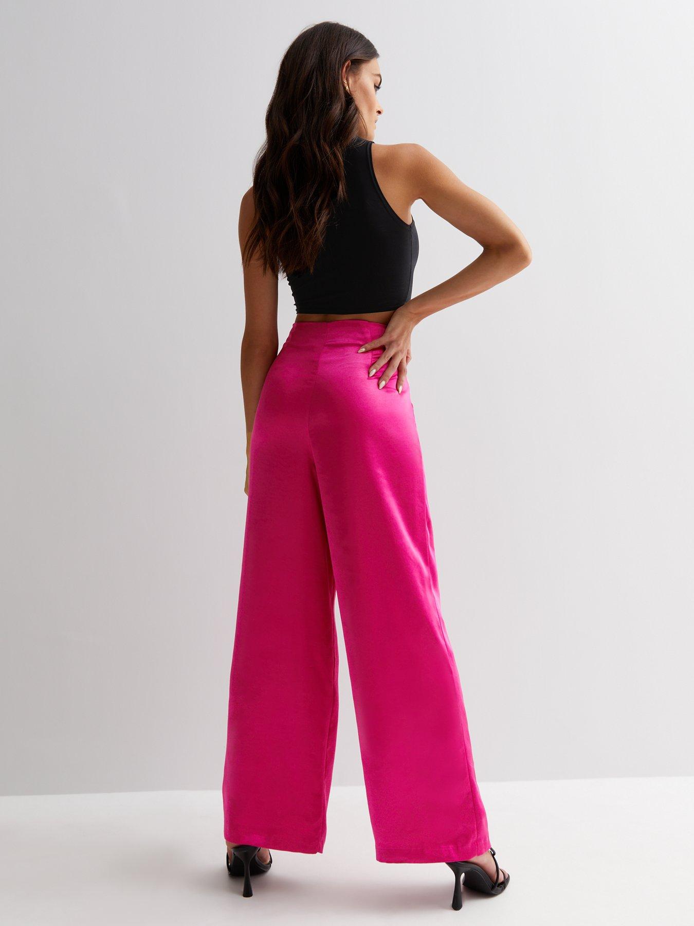 Bright Pink Satin High Waist Wide Leg Trousers