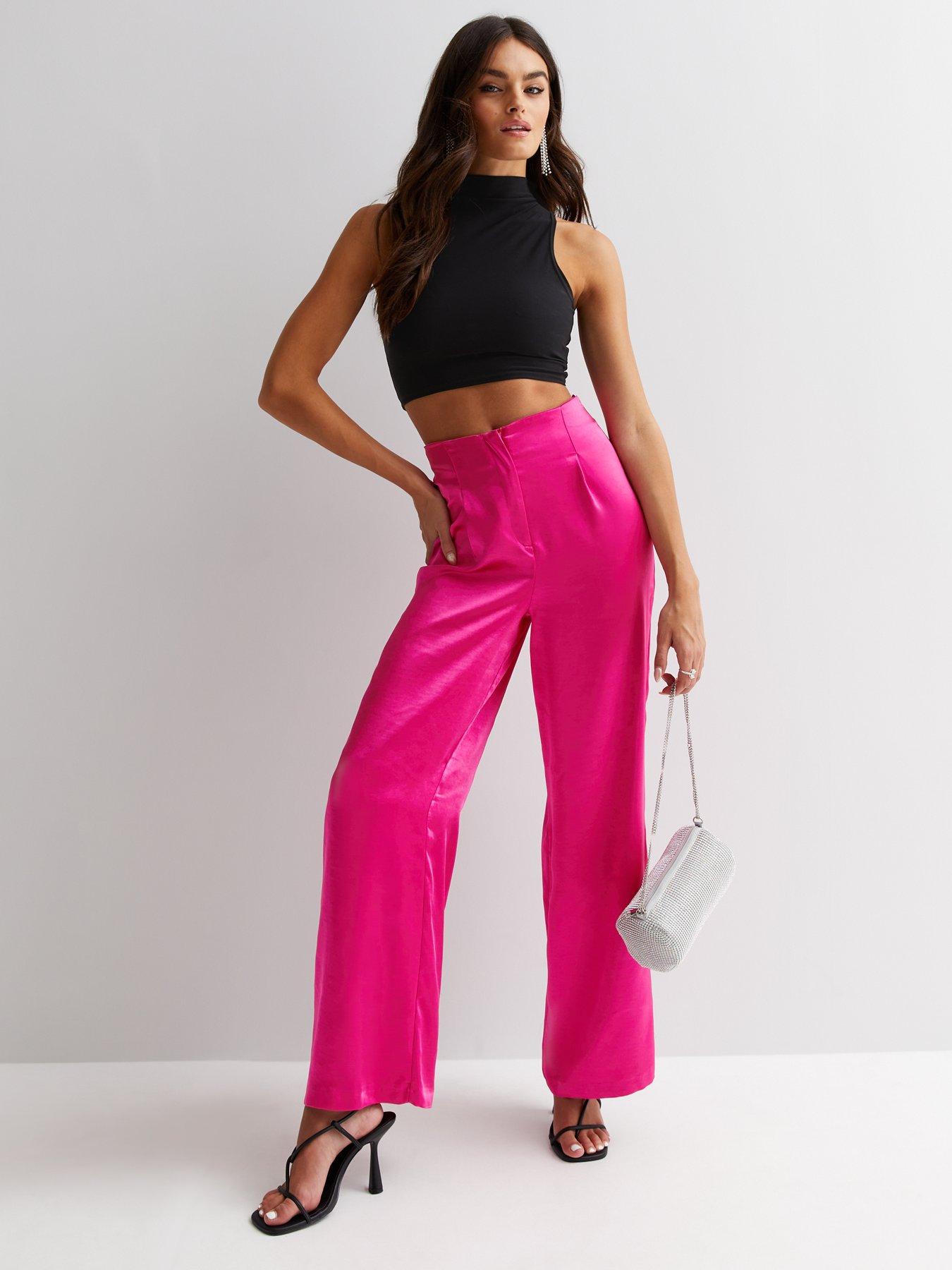 Bright Pink Satin High Waist Wide Leg Trousers