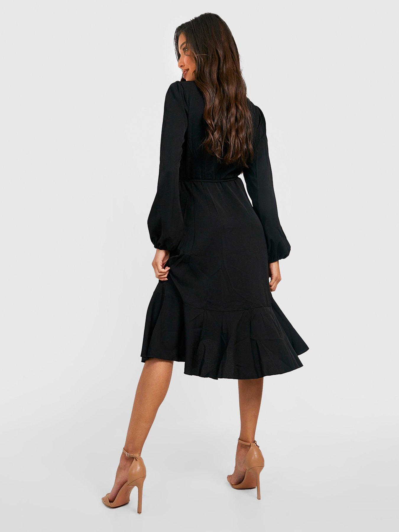 crepe ruffle wrap midi skater dress