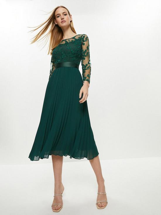 COAST Embroidered Long Sleeve Midi Dress - Green | very.co.uk