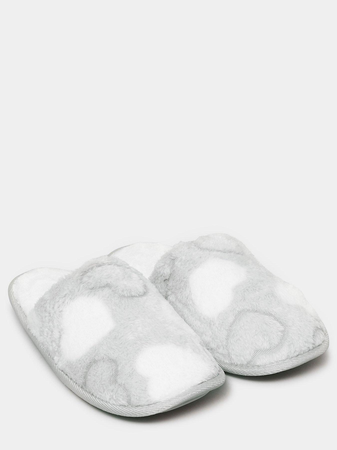 White & Grey Heart Print Mule Slippers In Extra Wide EEE Fit