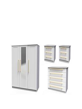 Product photograph of Swift Newton 4 Piece Package Deal - 3 Door Wardrobe 5 Drawer Chest And 2 Bedside Chests from very.co.uk