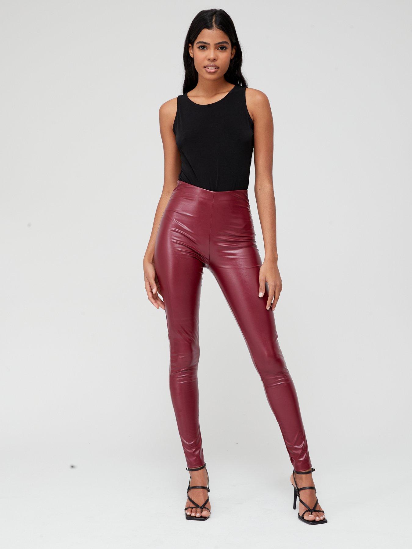 High Waist PU Faux Leather Leggings - Burgundy