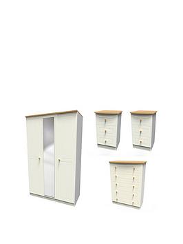 Product photograph of Swift Grove Part Assembled 4 Piece Package - 3 Door Mirrored Wardrobe 5 Drawer Chest And 2 Bedside Chests from very.co.uk
