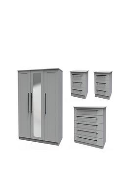 Product photograph of Swift Hayle 4 Piece Package - 3 Door Mirrored Wardrobe 5 Drawer Chest And 2 Bedside Chests from very.co.uk