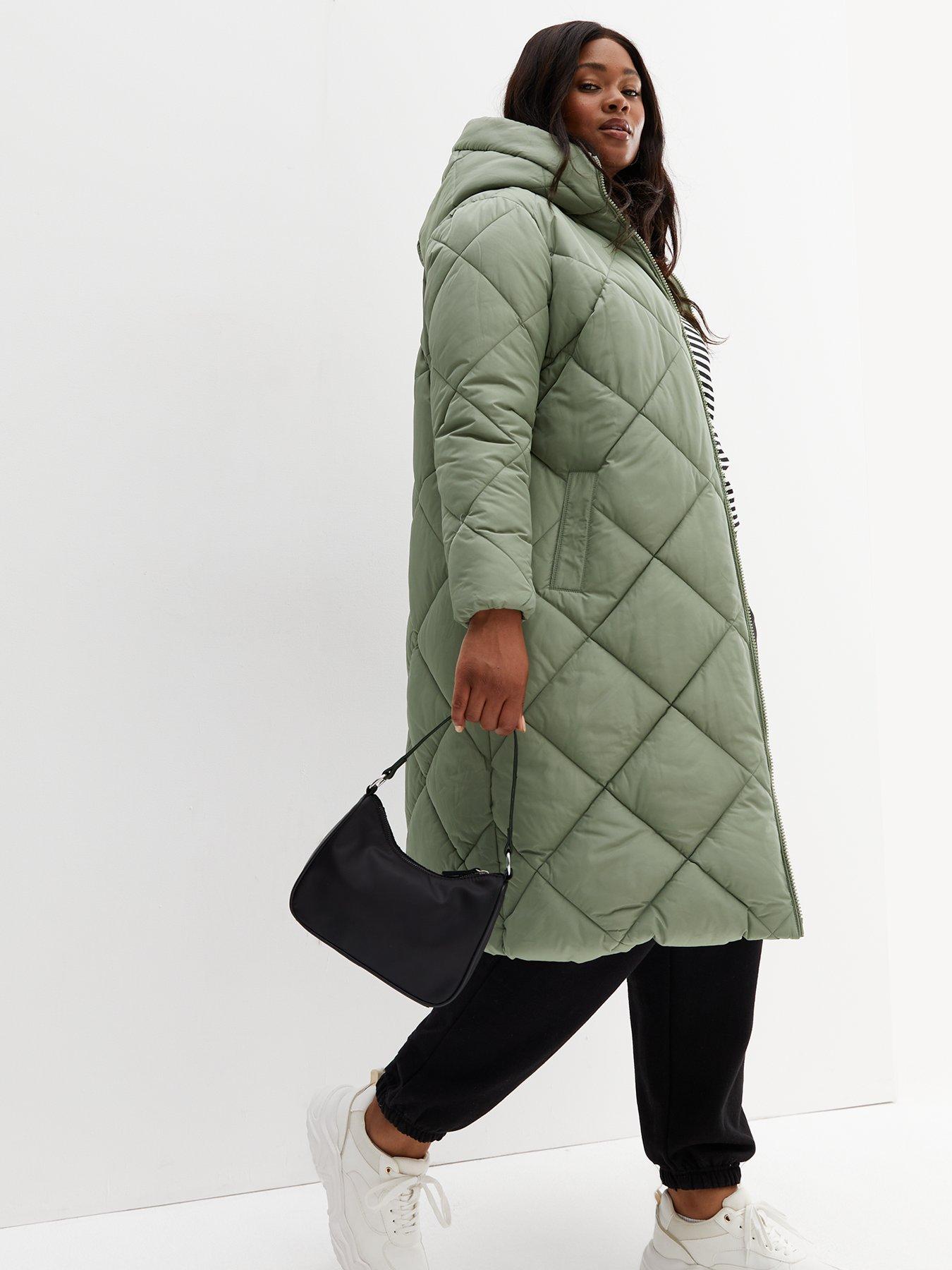 Long quilted coat with a hood - olive