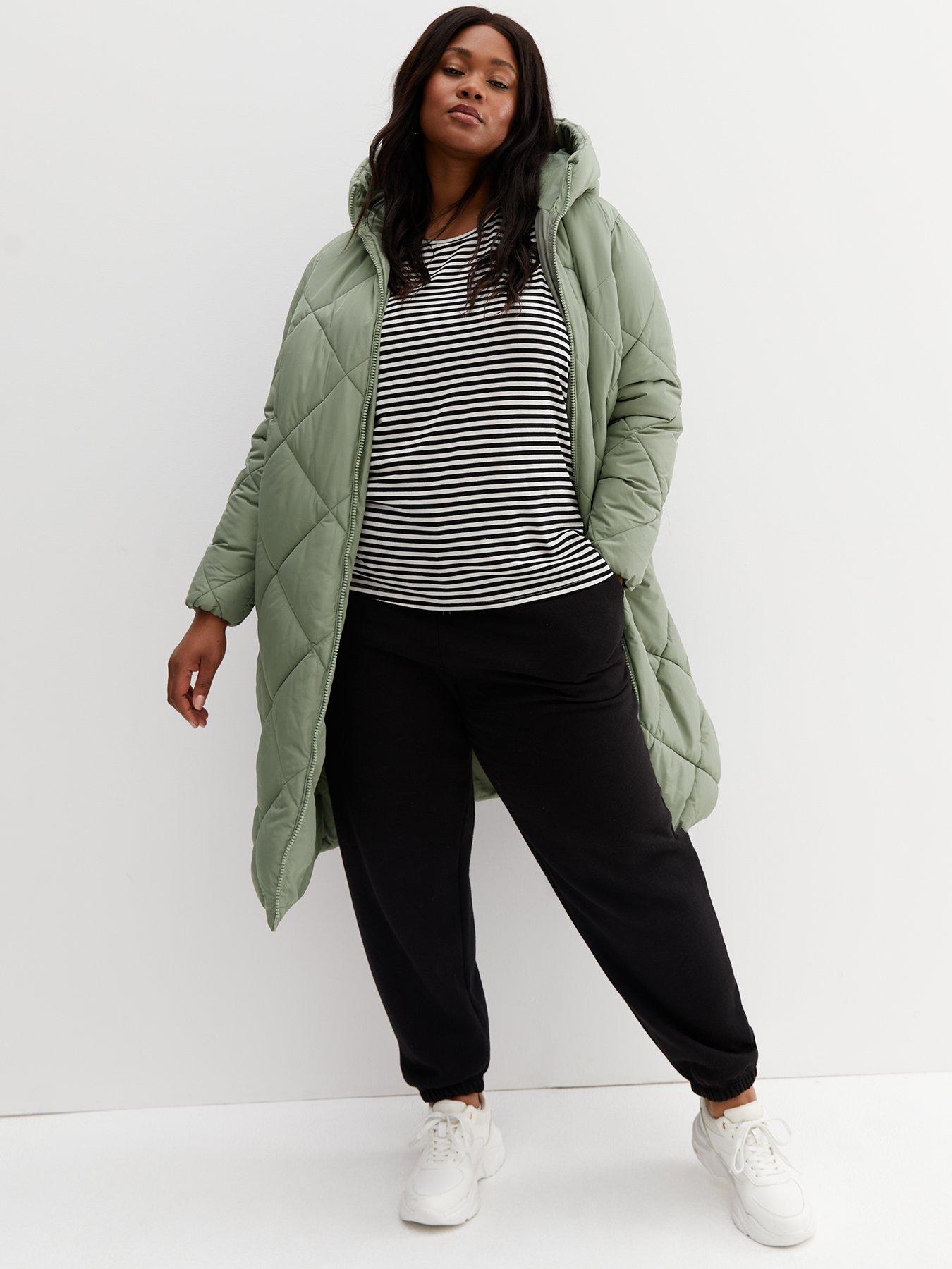 New Look Curves Olive Quilted Long Hooded Jacket | very.co.uk