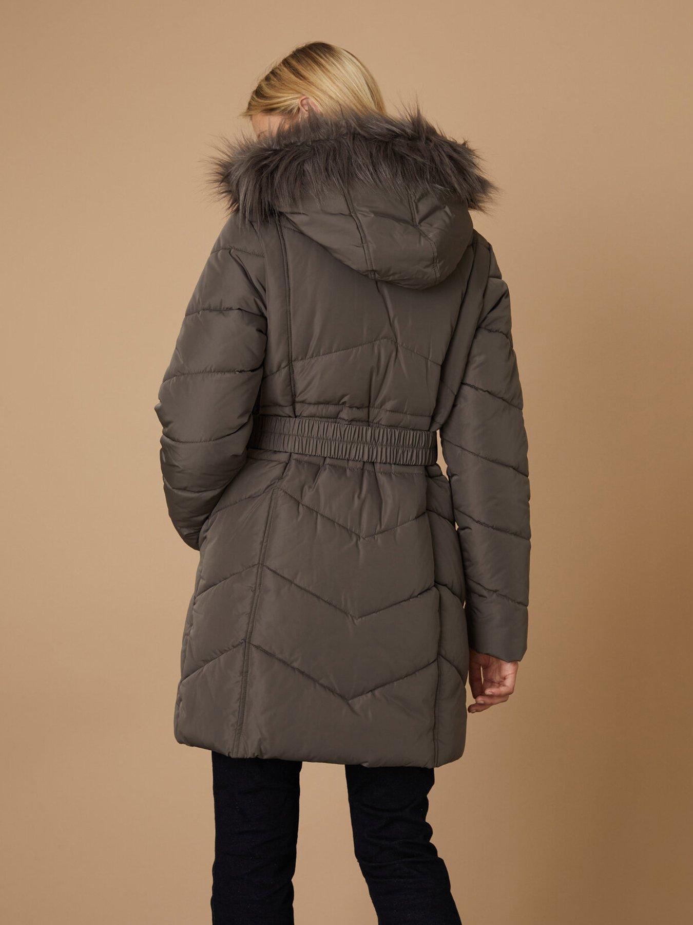 Padded Faux Fur Hooded Coat Grey, Women's Coats