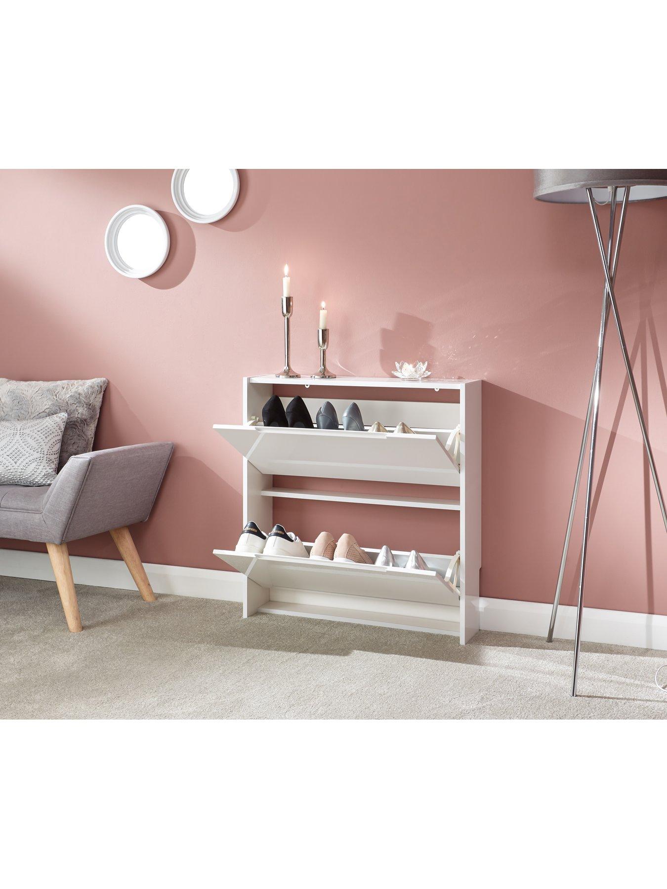 GFW Narrow High Gloss 3 Tier Shoe Cabinet - White