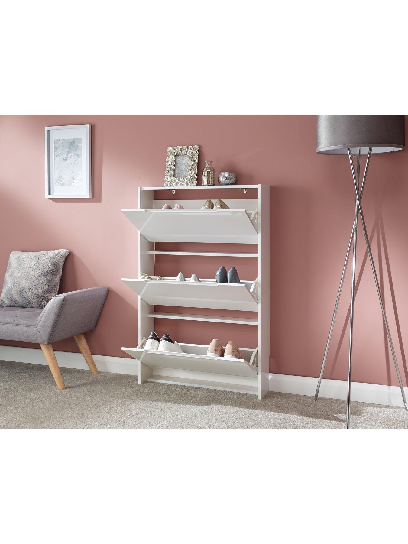 Product photograph of Gfw Narrow High Gloss 3 Tier Shoe Cabinet - White from very.co.uk