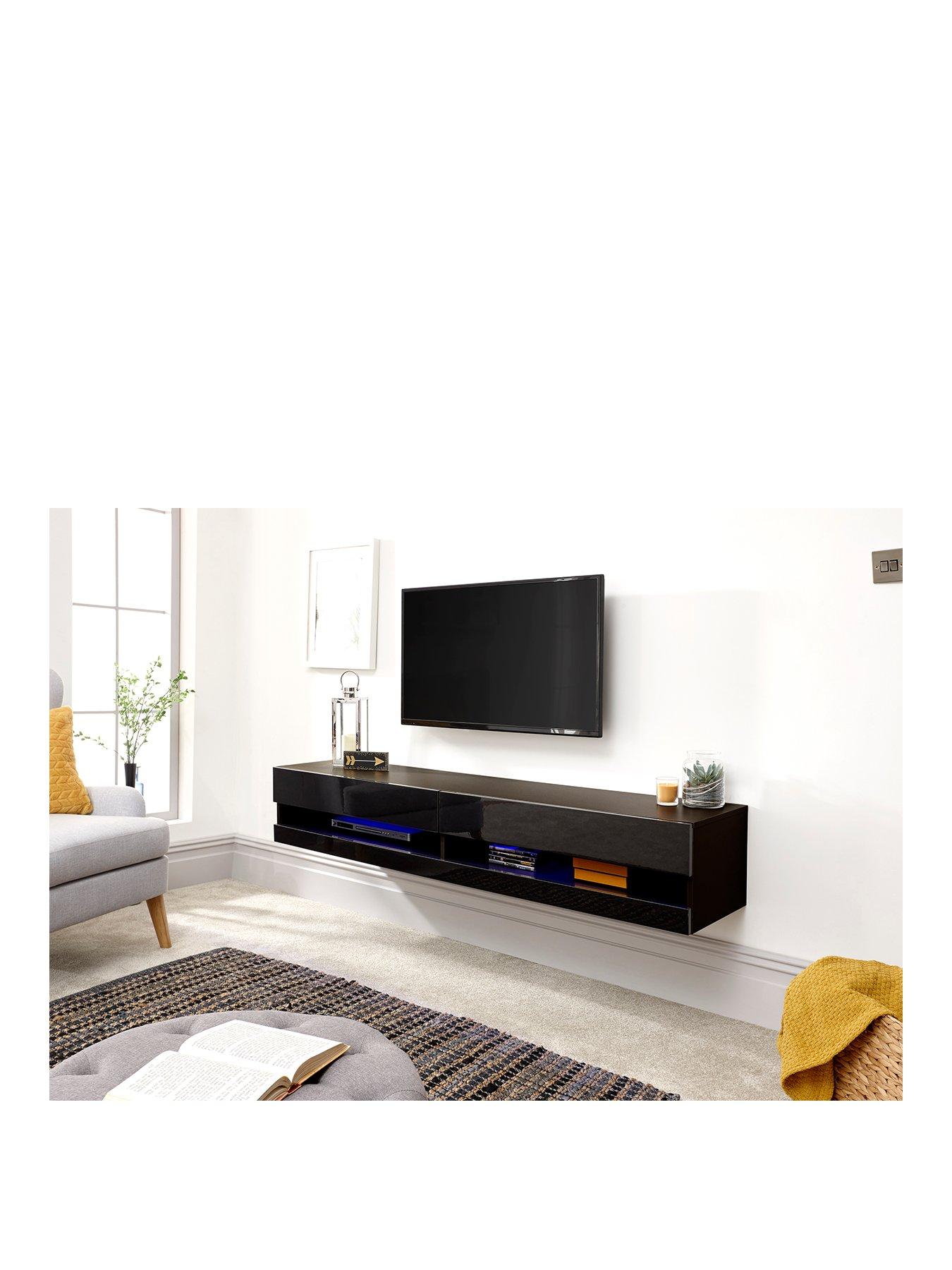 GFW Galicia 180 cm Floating Wall TV Unit with LED Lights - fits up to 80 inch TV - Black