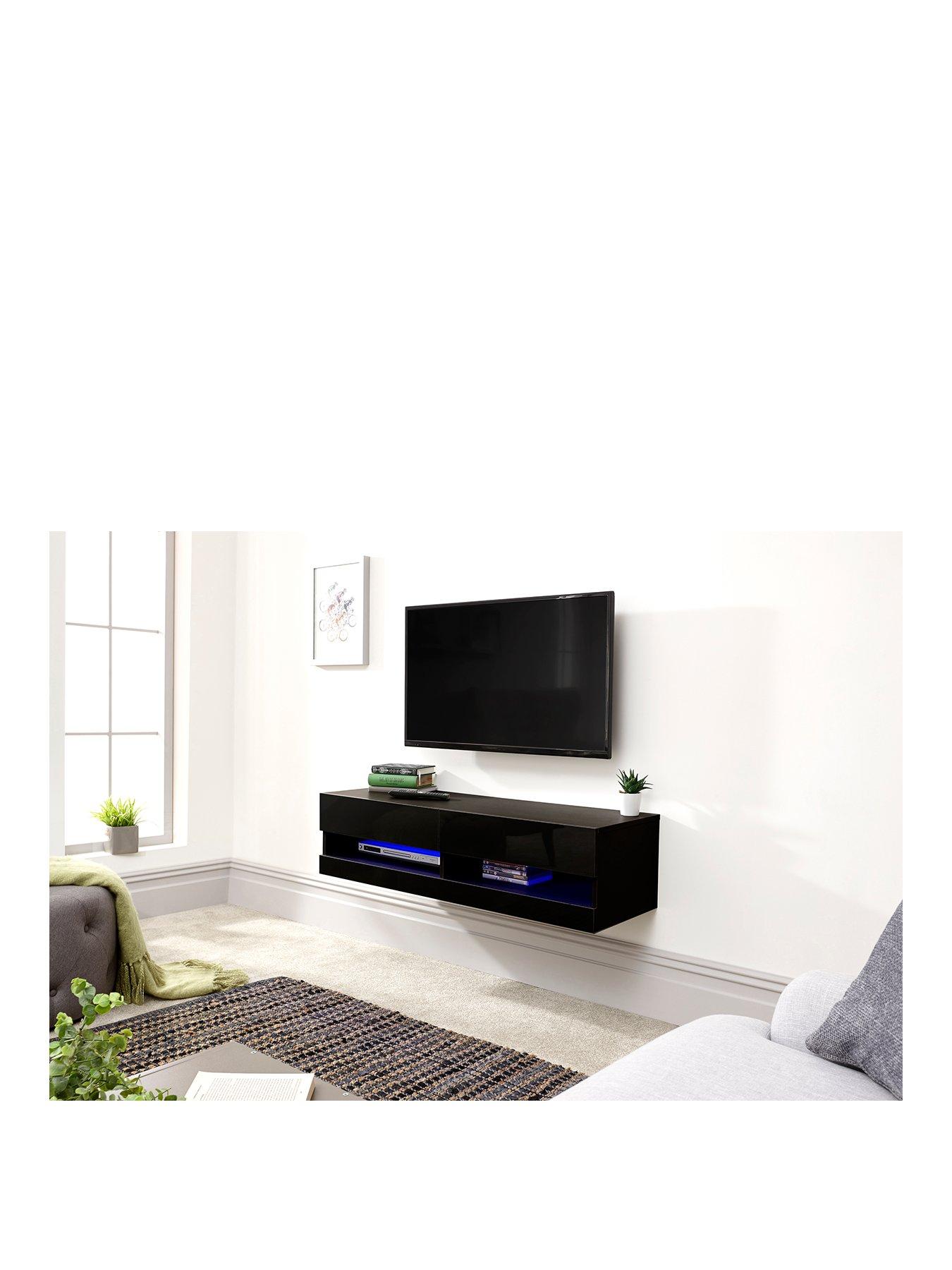 Clear Glass TV Stand Oak Legs 125cm wide for 32 42 50 55 inch LCD LED smart flat screen TVs universal 