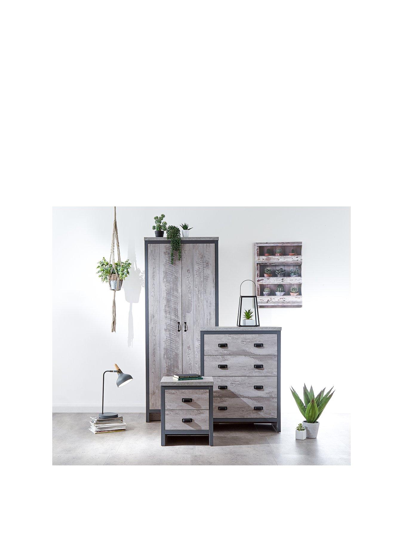 GFW Boston 3 Piece Package - 2 Door Wardrobe, 4 Drawer Chest, Bedside Chest - Grey