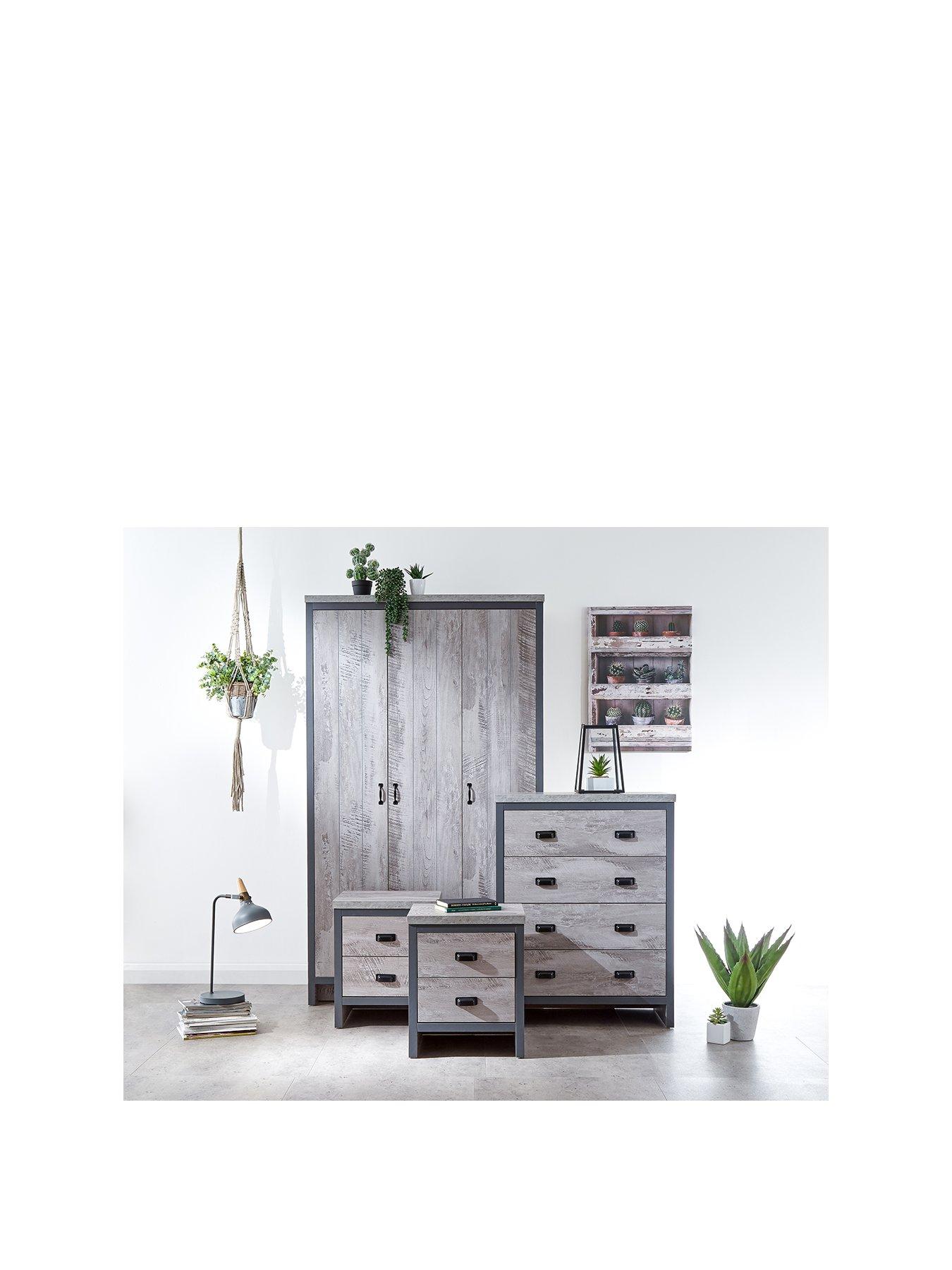 Product photograph of Gfw Boston 4 Piece Package - 3 Door Wardrobe 4 Drawer Chest 2 Bedside Chests - Grey from very.co.uk