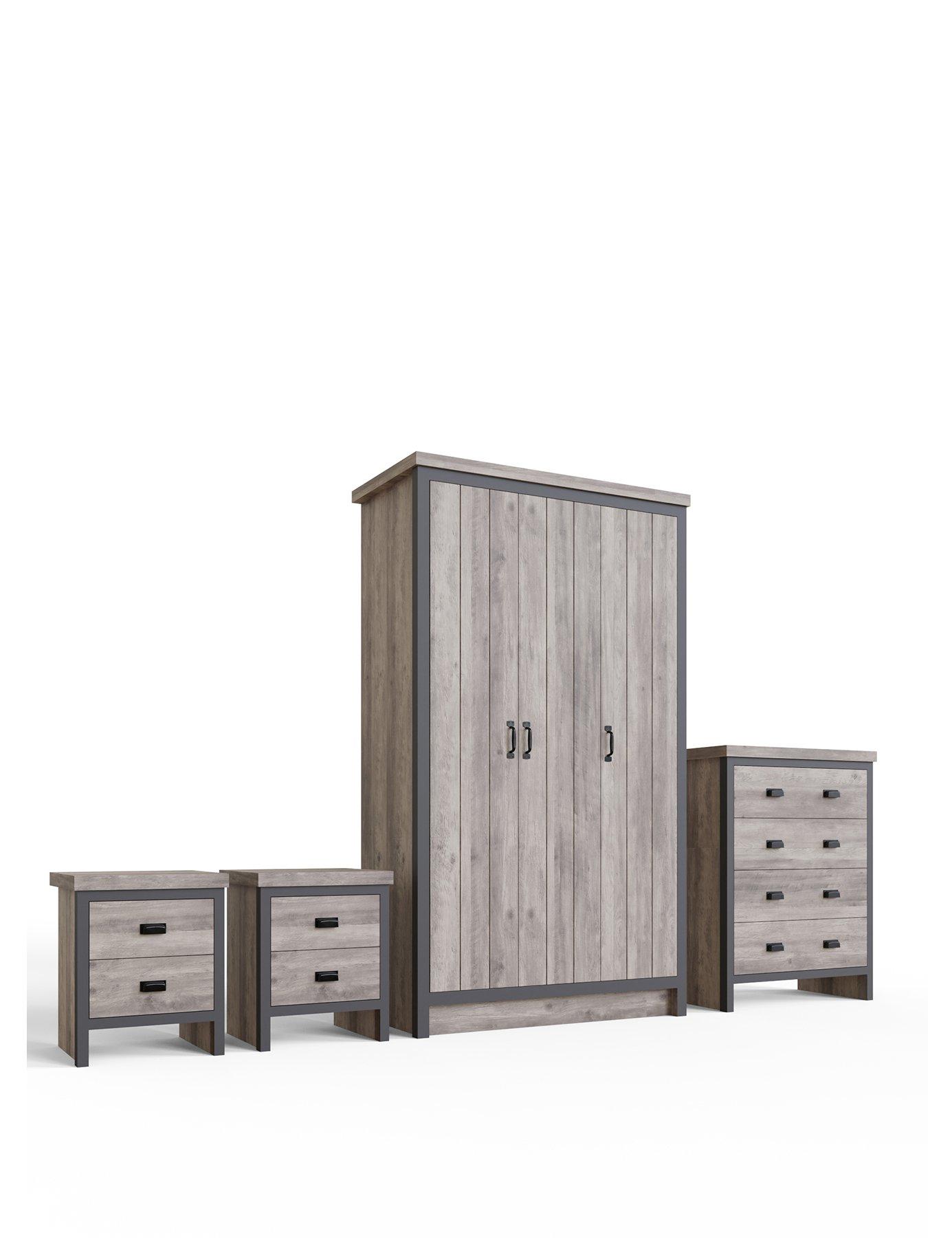 Image 2 of 8 of GFW Boston 4 Piece Package - 3 Door Wardrobe, 4 Drawer Chest, 2 Bedside Chests - grey