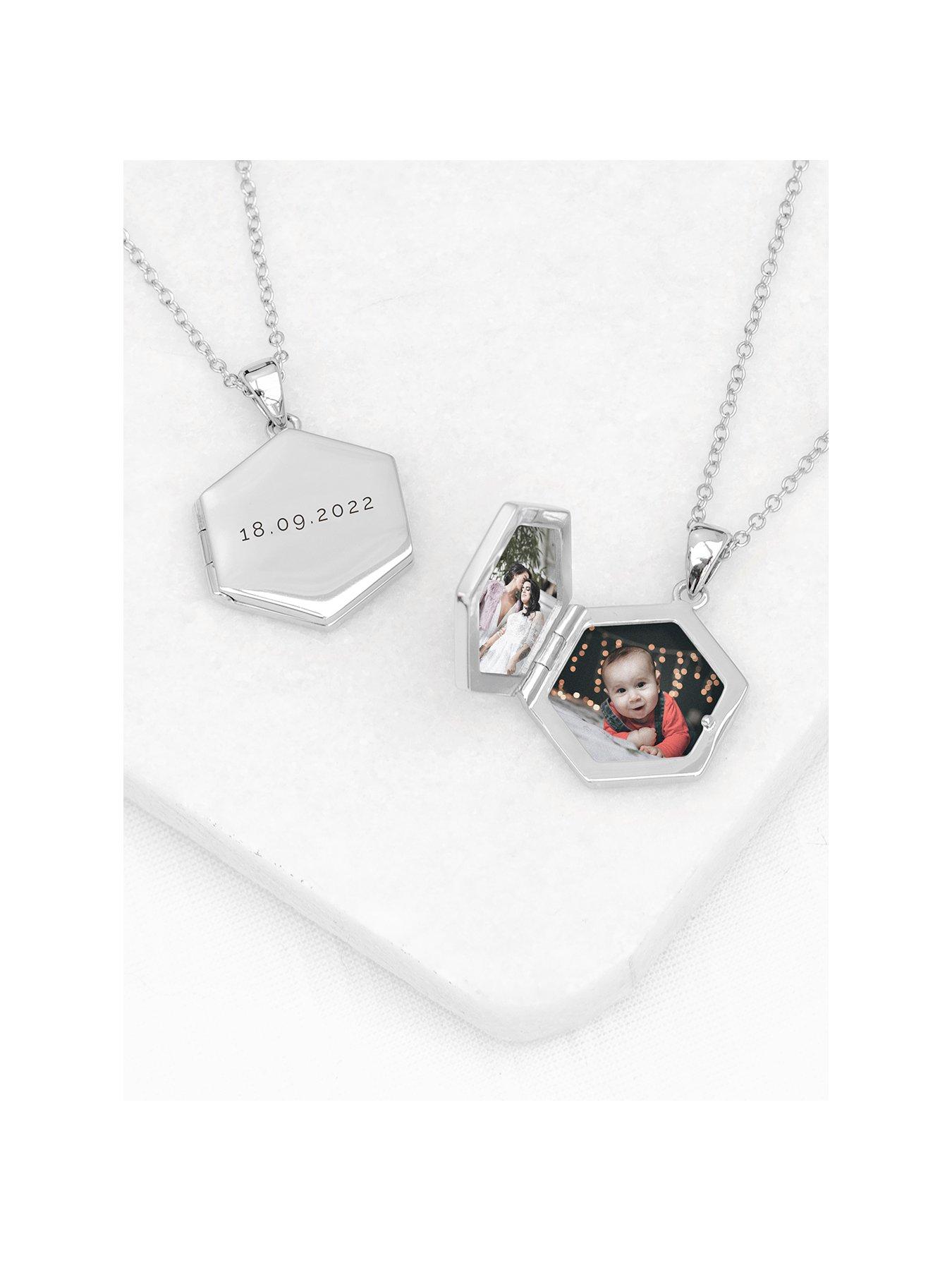 Product photograph of Treat Republic Personalised Hexagonal Photo Locket - Silver from very.co.uk