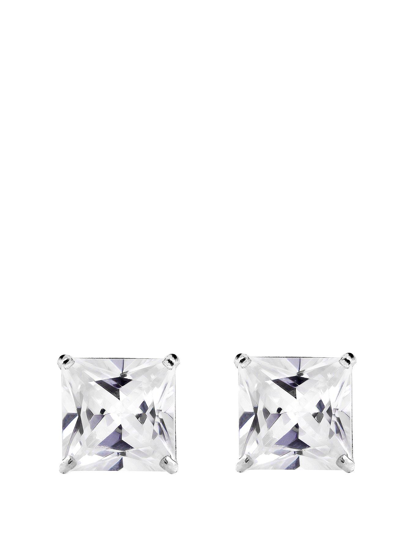 undefined Men's 9ct White Gold Cubic Zirconia 6mm Princess Cut Solitaire Single Stud Earring