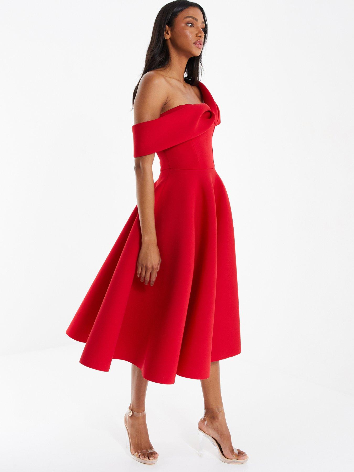 Red one shoulder midi hot sale dress