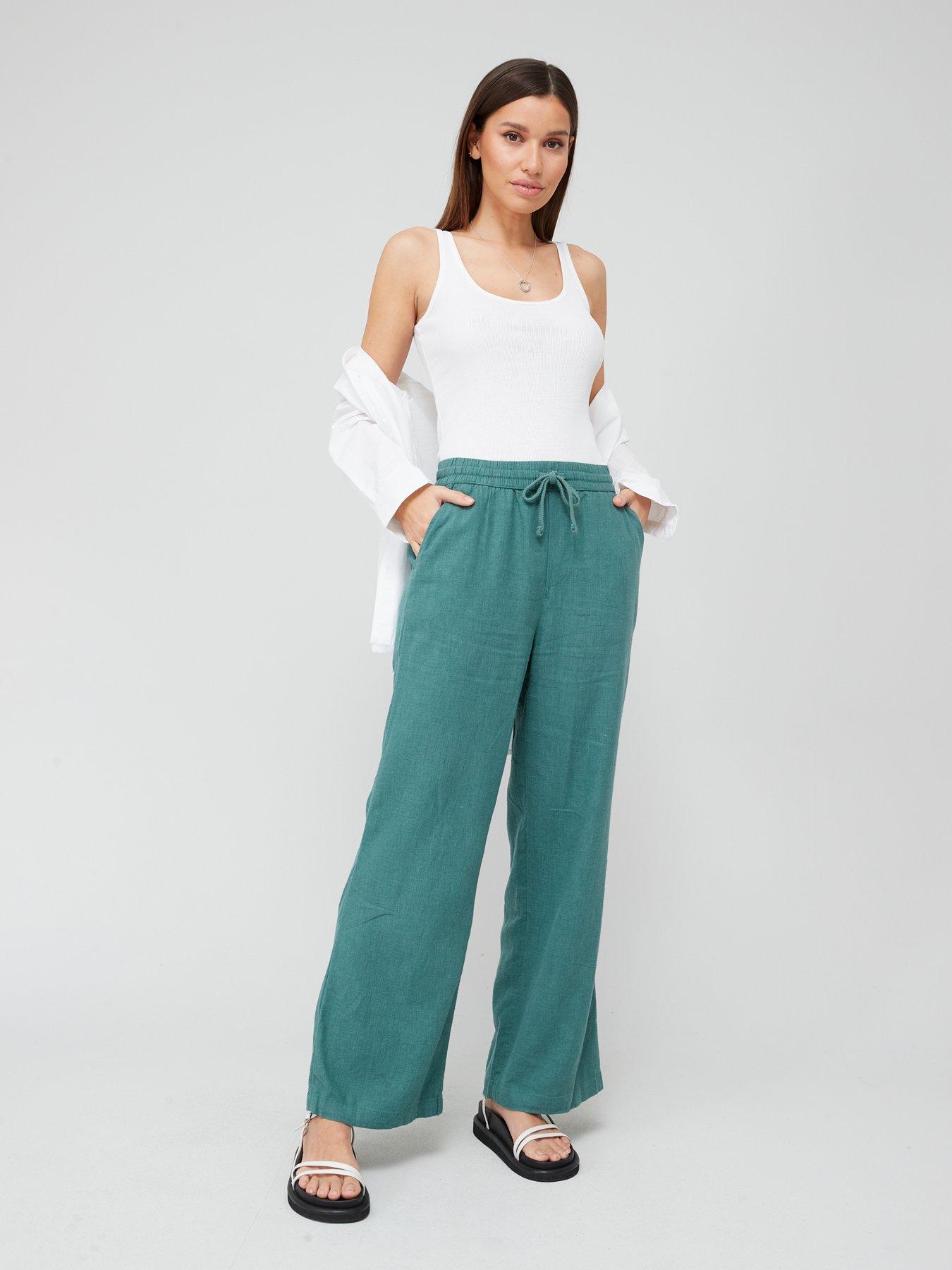 V by Very Linen Mix Wide Leg Trousers - Green | Very.co.uk