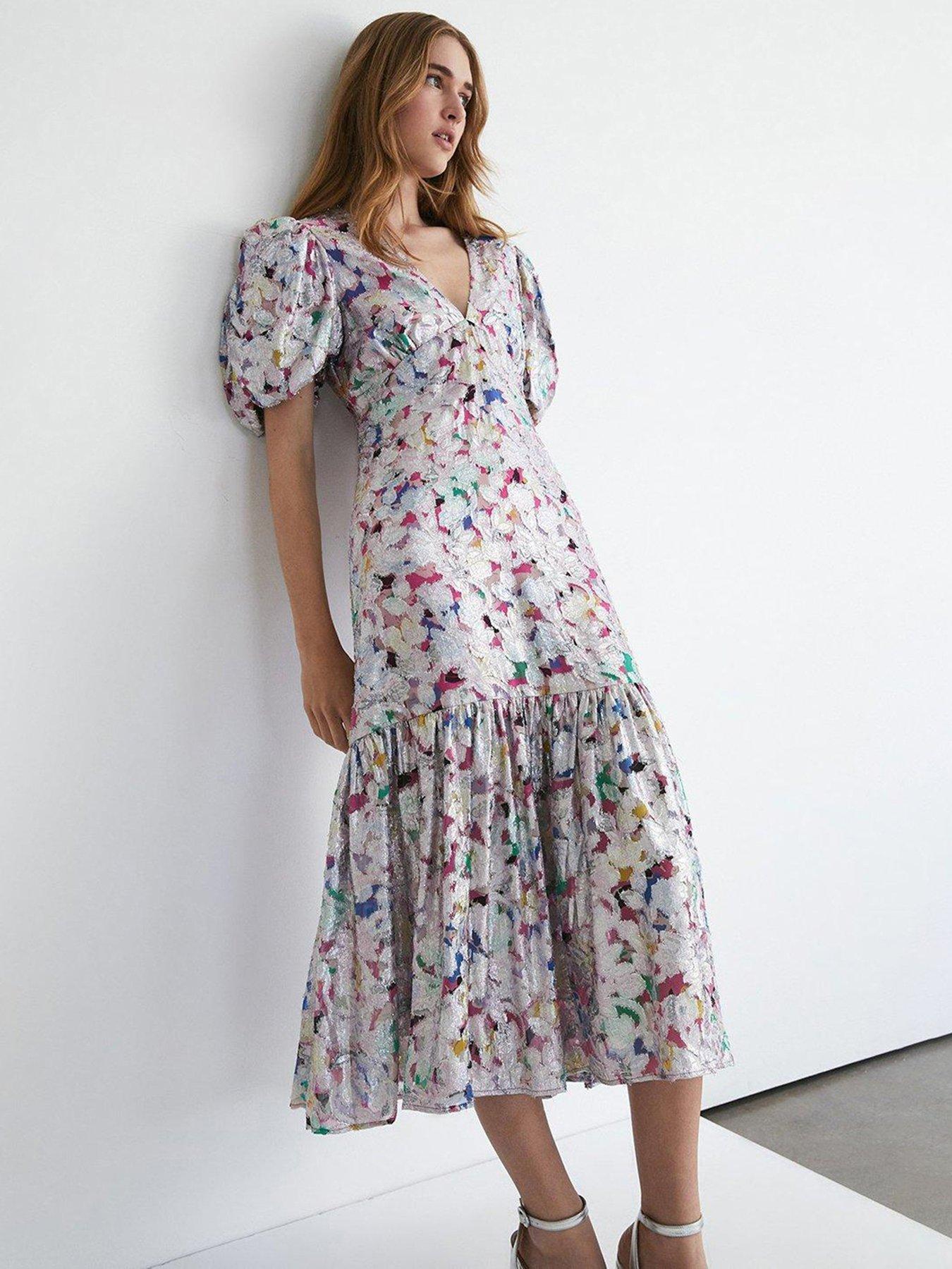 Warehouse Sparkle Jacquard Floral V-Neck Midi Dress - Pink | very