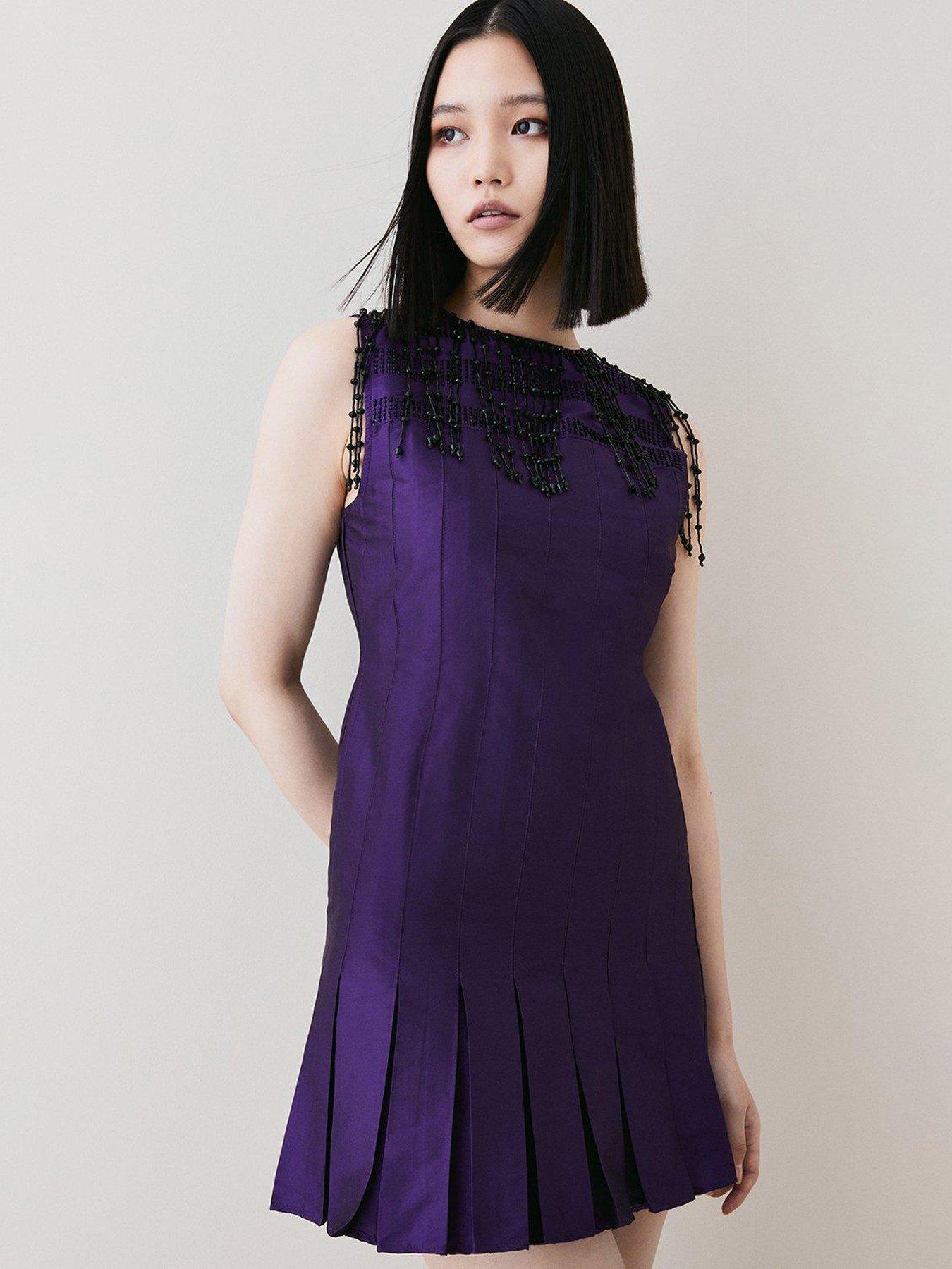 Taffeta Pleated Hanging Crystal Mini Dress - Purple