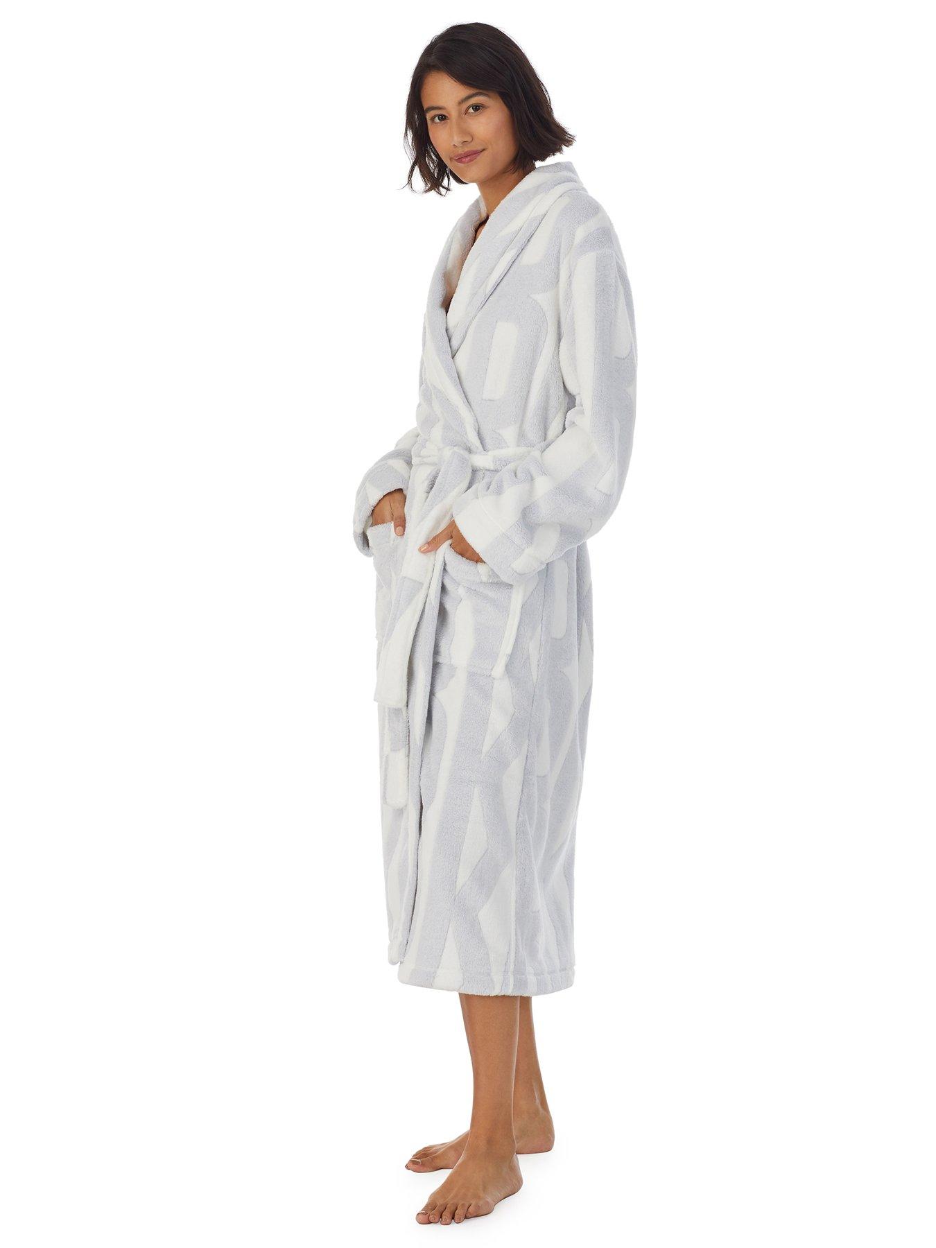 DKNY Chenille Long Line Signature All Over Logo Robe White Logo