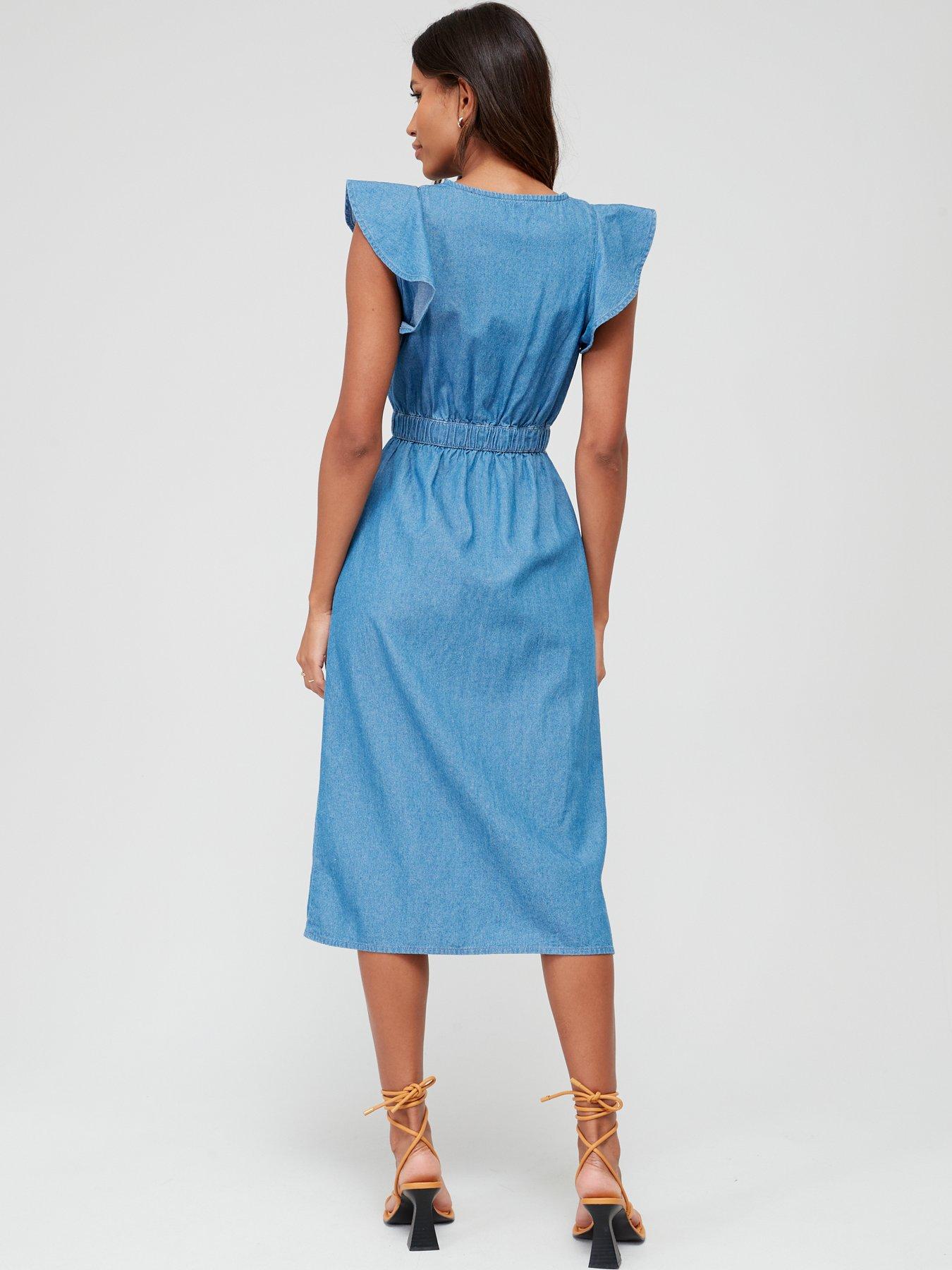 Sleeveless Ruffle Denim Midi Dress - Blue