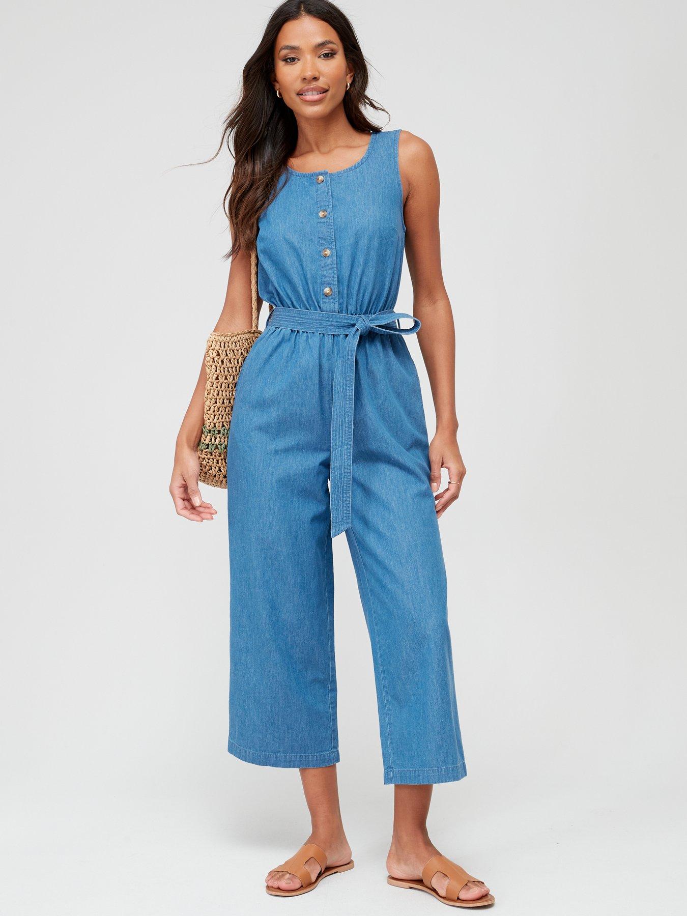 V by Very Sleeveless Belted Denim Jumpsuit - Blue | very.co.uk