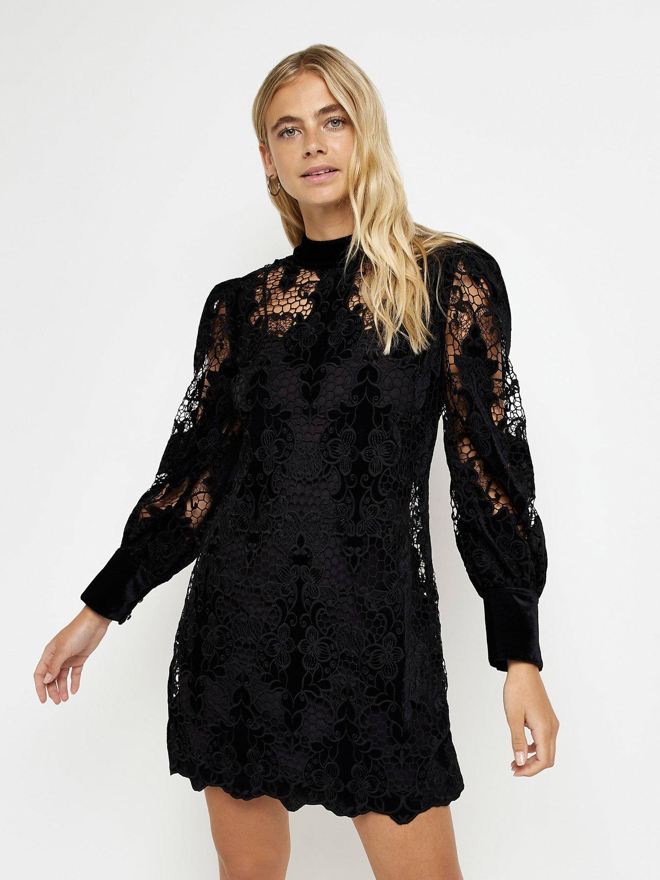 River Island Lace Long Sleeve Shift Mini Dress - Black | very.co.uk